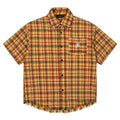 Yellow and white plaid short sleeve shirt with embroidered chest pocket on a hanger.