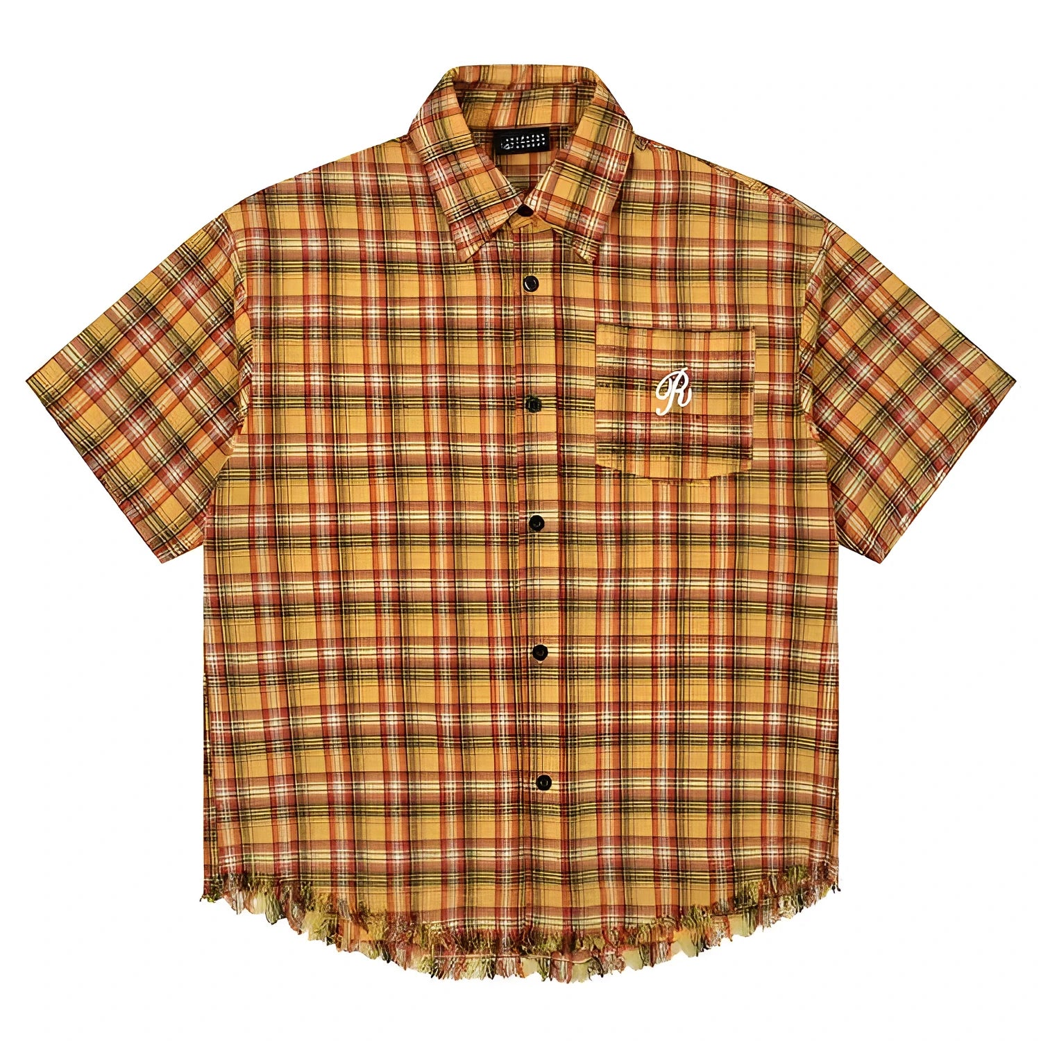 Yellow and white plaid short sleeve shirt with embroidered chest pocket on a hanger.