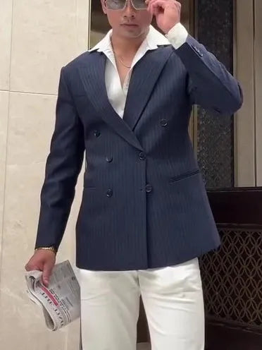 Men's striped double breasted blazer on hanger showing regular fit and classic design
