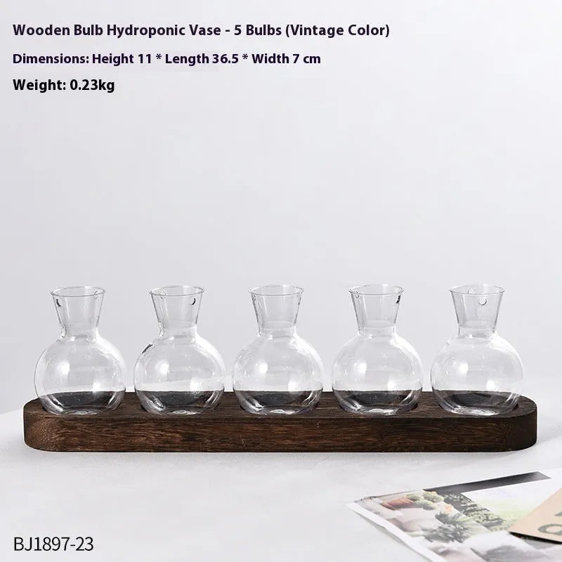 Wooden frame transparent hydroponic vase set with multiple PET glass containers in modern simplicity design