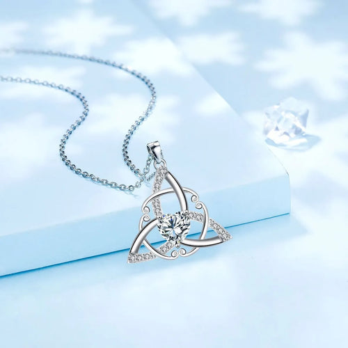 Geometric Celtic knot pendant necklace for women in a choice of blue, lvzuan, red diamond, or white diamond finish.