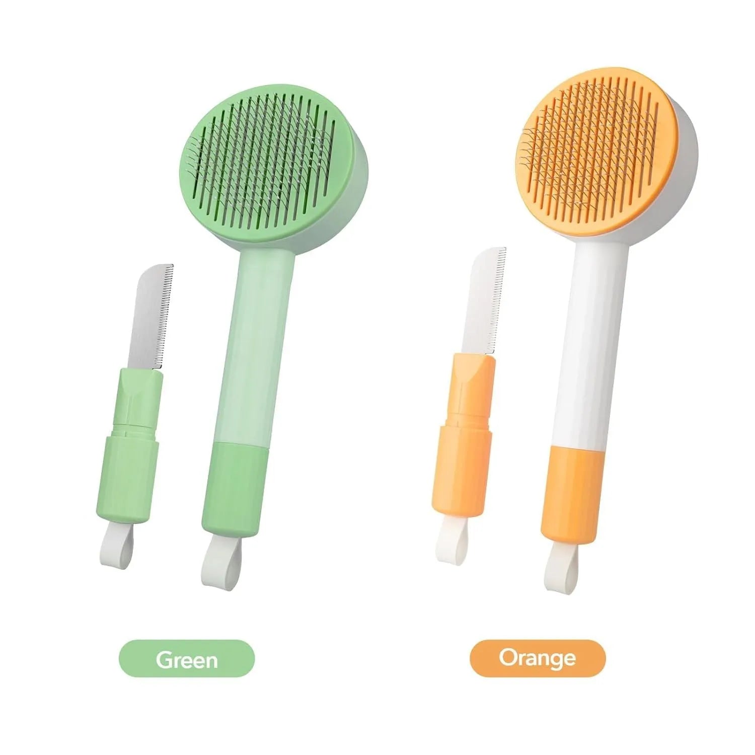 Green and yellow pet grooming brush with stainless steel bristles for cats and dogs
