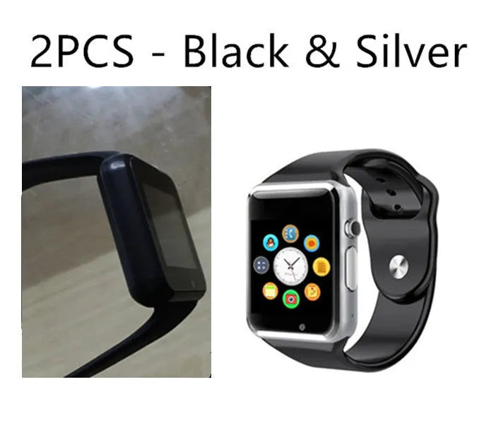 A1 GSM smart watch for Android with camera on a 1.54-inch screen, shown in various colours.