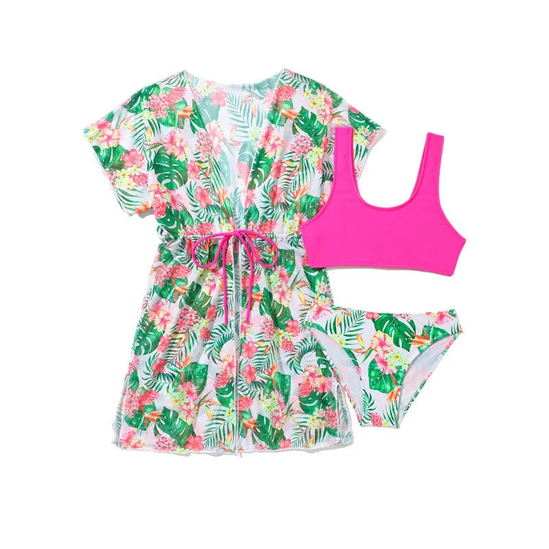 Girls' two-piece swimsuit with floral pattern, briefs style, for swimming and wading sports