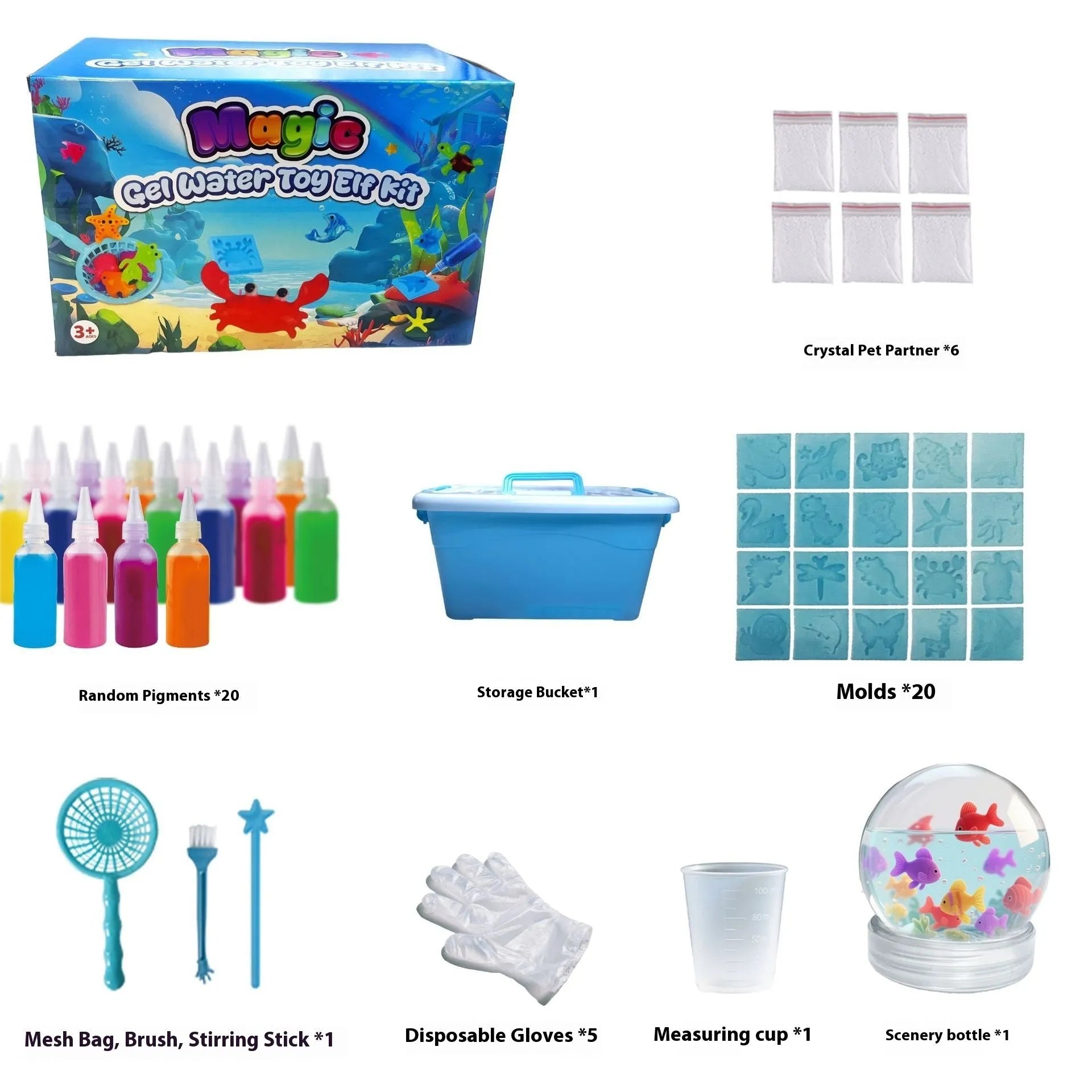Crystal pet magic set with 20 bottles of materials in a cartoon suitcase