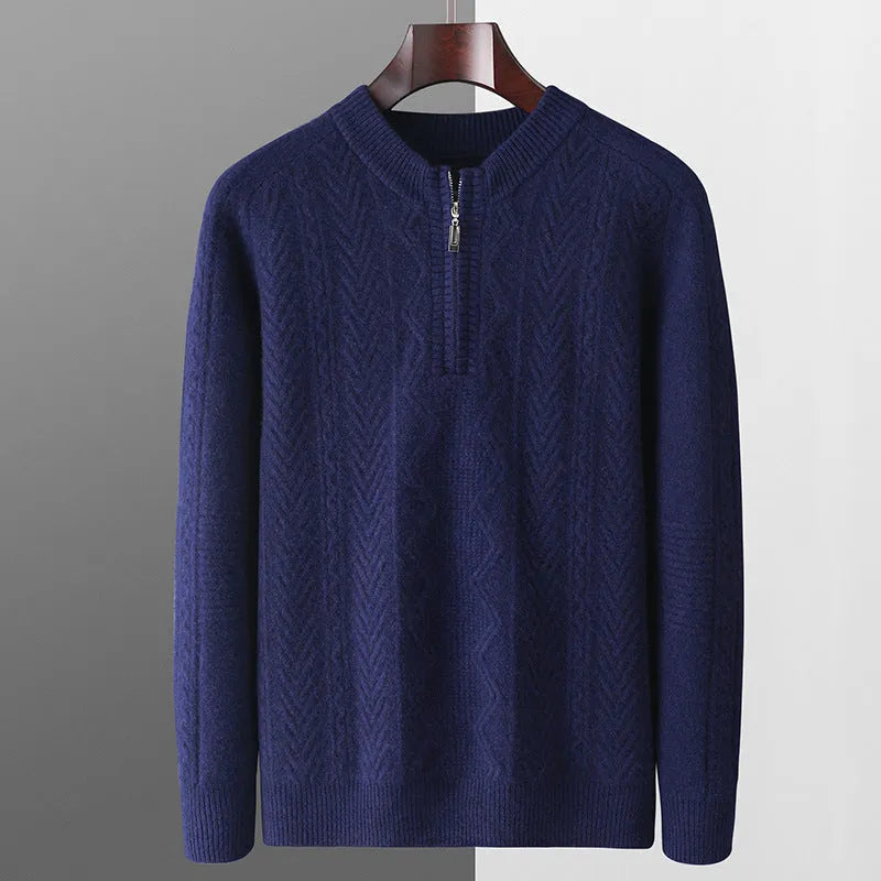 Men's pure wool diamond lattice half-zip sweater in loose fit with long sleeves