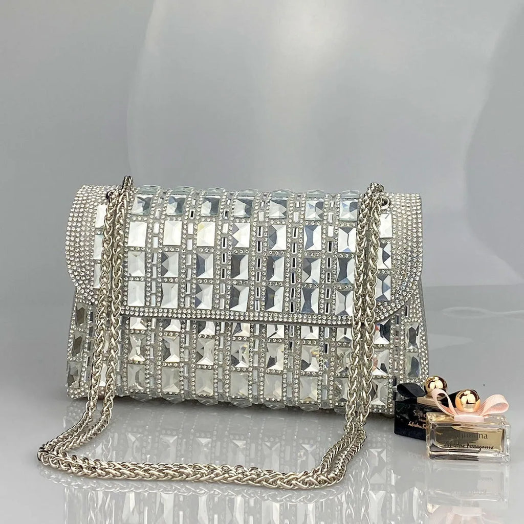 Shiny glass rhinestone chain clutch in horizontal square PU shape with black colour and open pocket