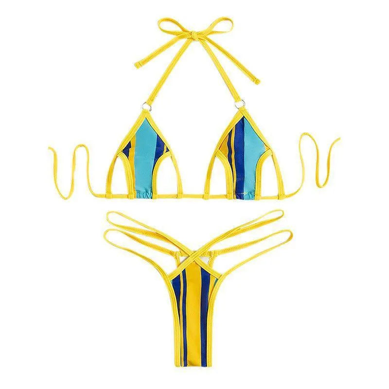 Yellow women's split swimsuit with neck-hanging top, hollow backless design, and high waist shorts