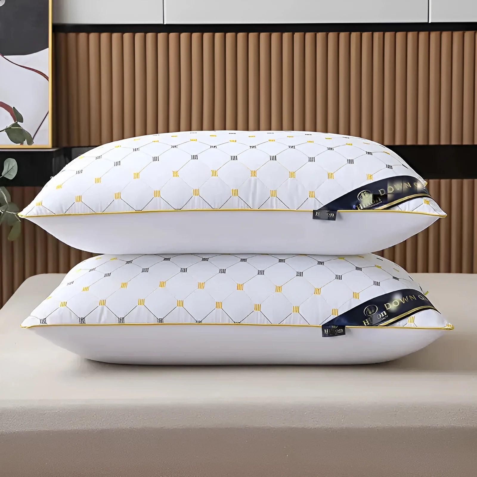 A standard 48x74cm polyester fibre filled pillow in a solid colour, shown on a bed.
