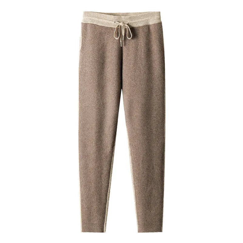 Men's camel coloured cashmere blend half turtleneck zip cardigan and trousers suit set