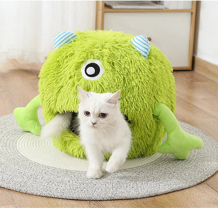 Round fluffy cat bed with non-slip base in three size options