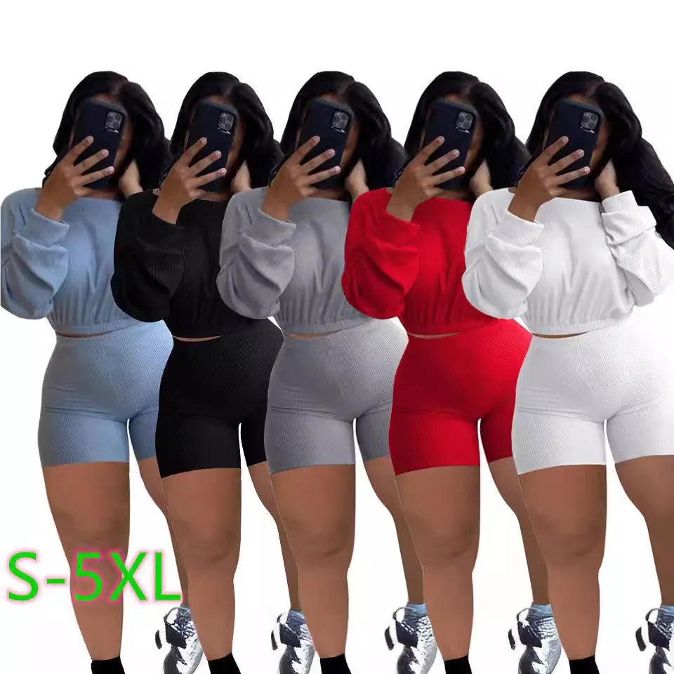 Ladies' solid colour off-the-shoulder long sleeve top and shorts two-piece set