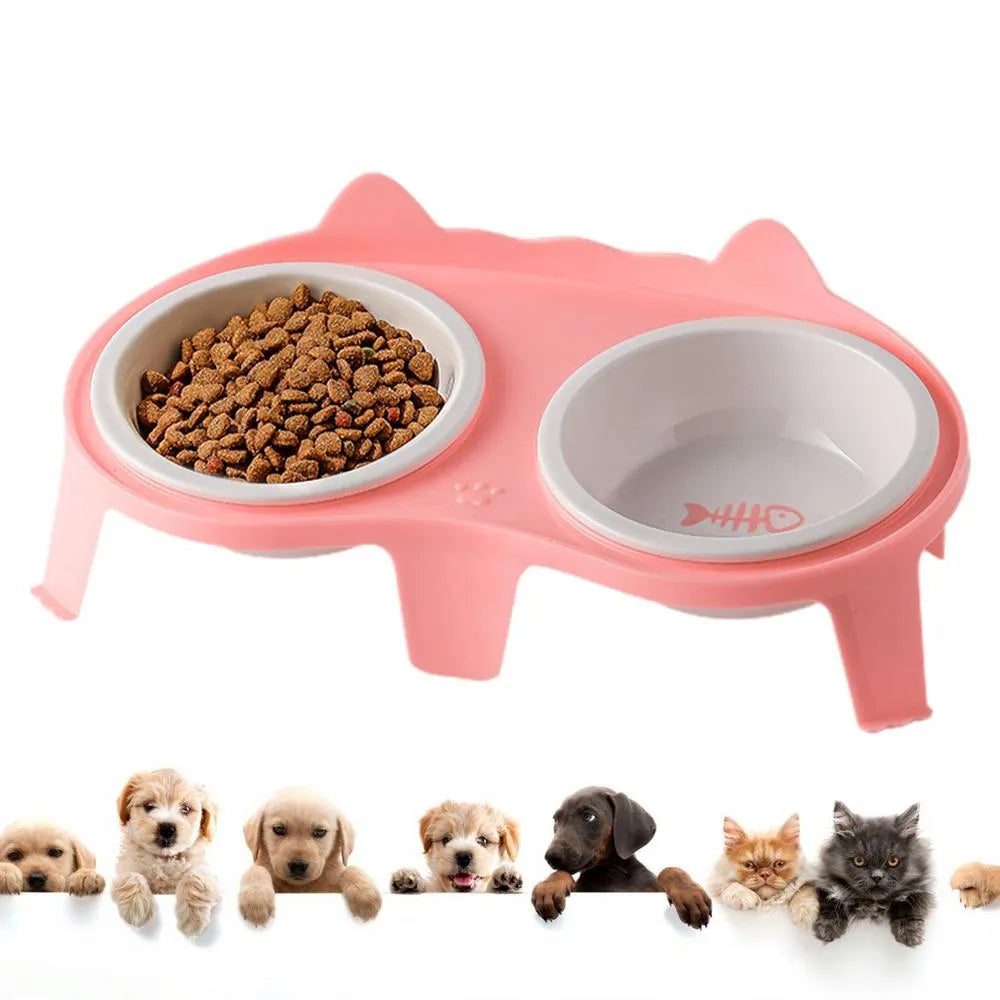 Ceramic cat food and water bowl set on elevated tilted stand with hook design in blue colour