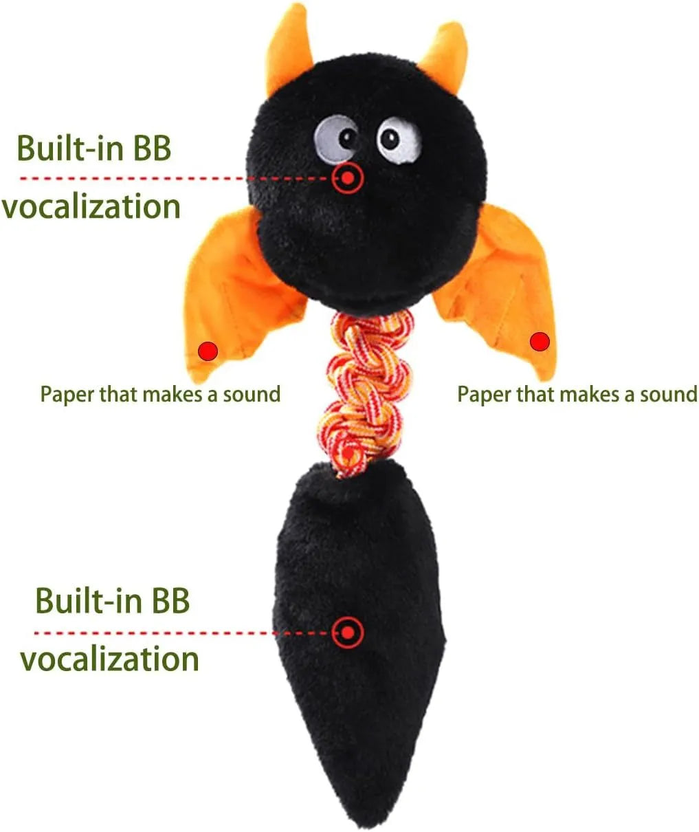 Large black, green, or red plush dog toy with a cartoon shape, featuring a built-in rope knot.