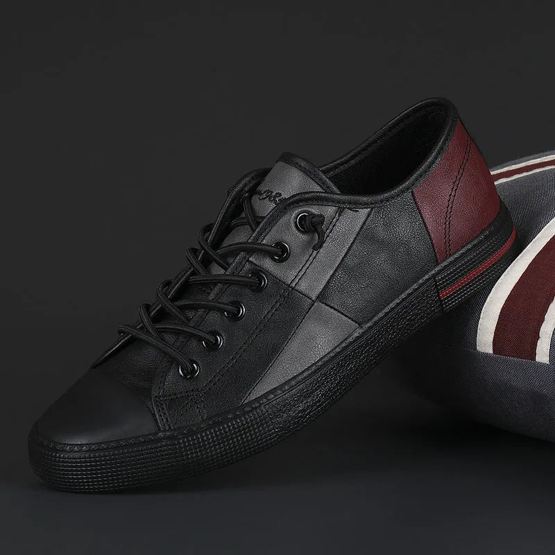 Men's colour matching leather shoes with round toe, elastic band, and flat rubber sole