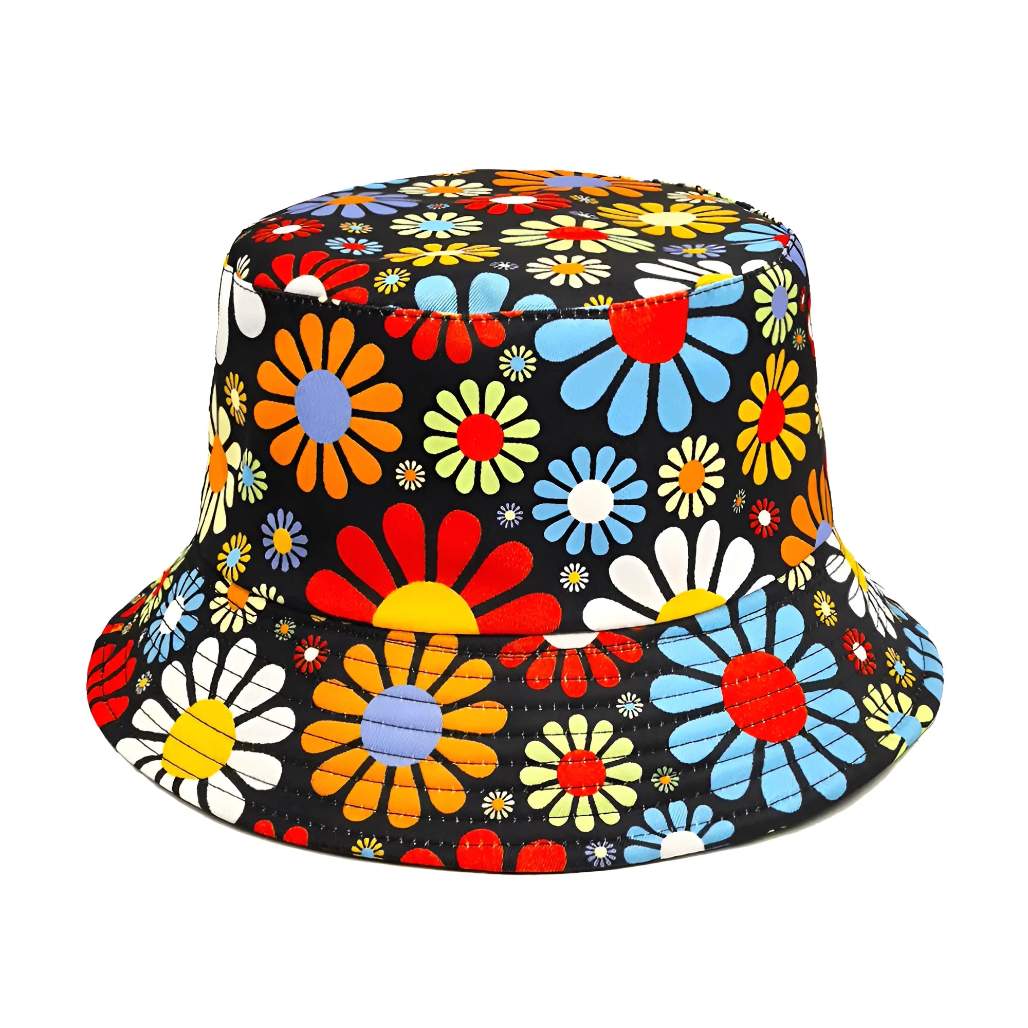 Colourful flower pattern polyester bucket hat with dome crown in size M