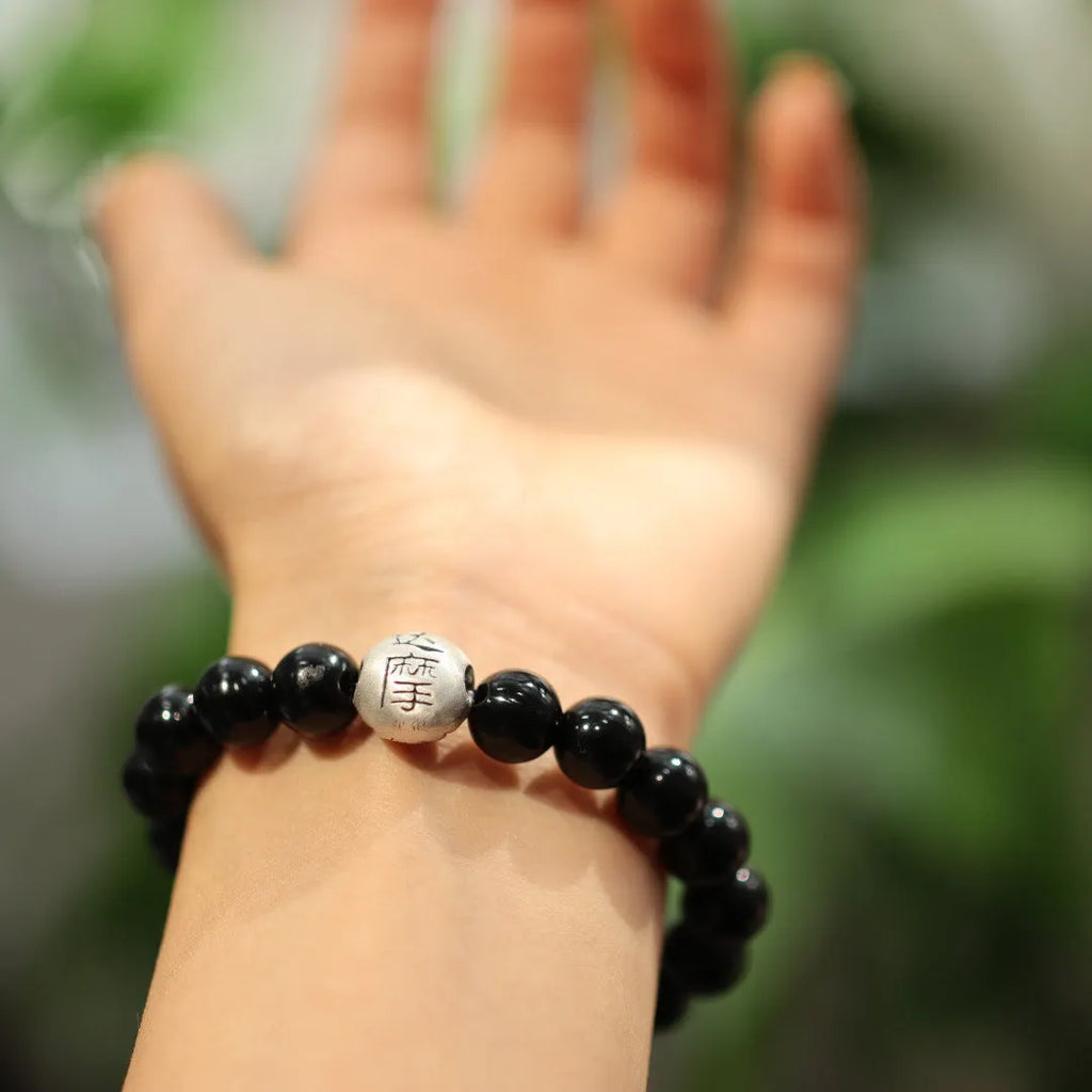 10mm black agate beads and sterling silver Chinese style bracelet with manual craftsmanship