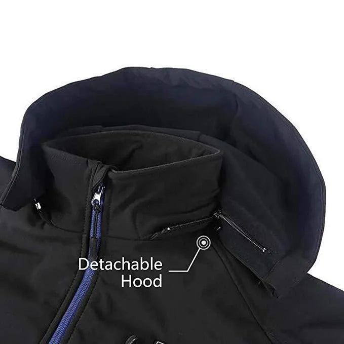 Black USB heated waterproof windproof winter coat for men with straight hem and long sleeves