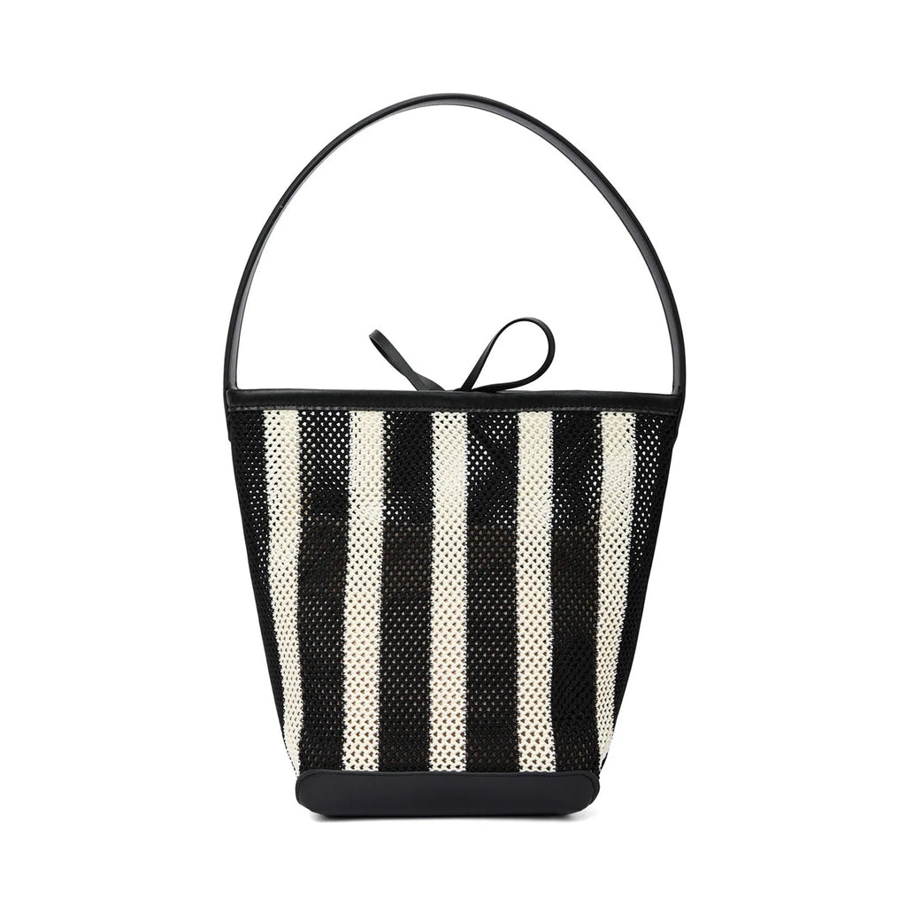 Women's soft woven fabric shoulder bag, black and white stripes, bucket shape, 28x18x13 cm