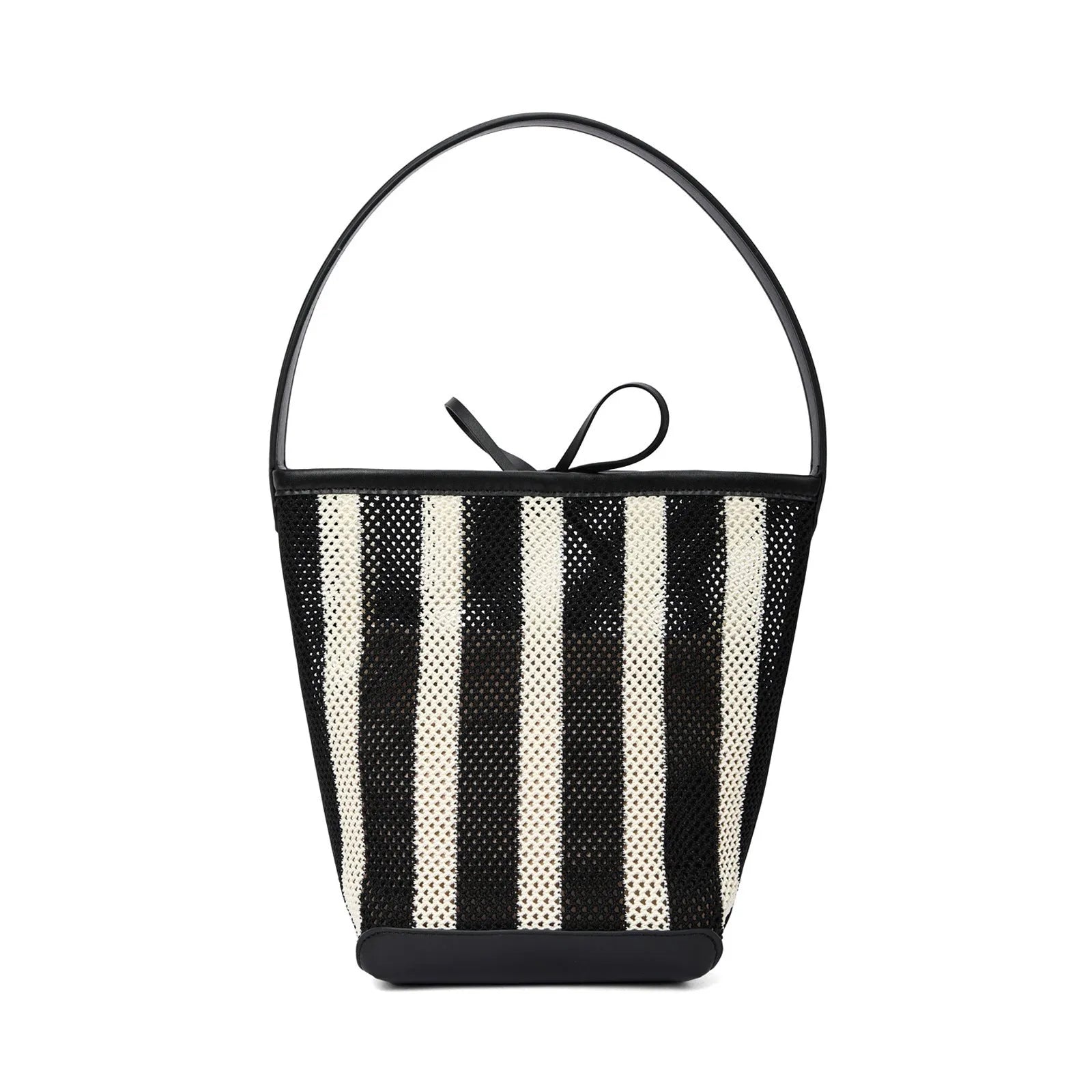 Women's soft woven fabric shoulder bag, black and white stripes, bucket shape, 28x18x13 cm