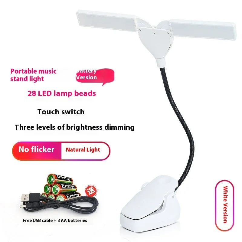 Rechargeable music stand light with 28 LED lights clipped to metal music stand
