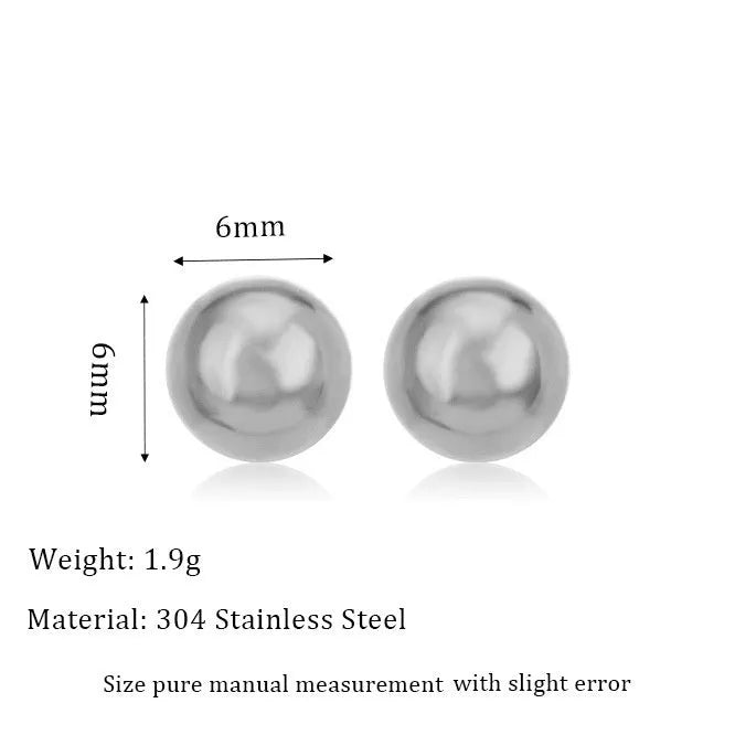 Stainless steel round ball stud earrings on a white background, showing gold and silver plated options.