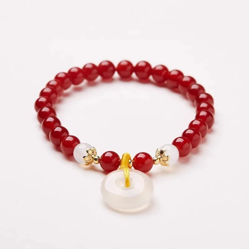 Handmade natural stone bracelet with safety buckle featuring 6mm agate and strawberry quartz beads