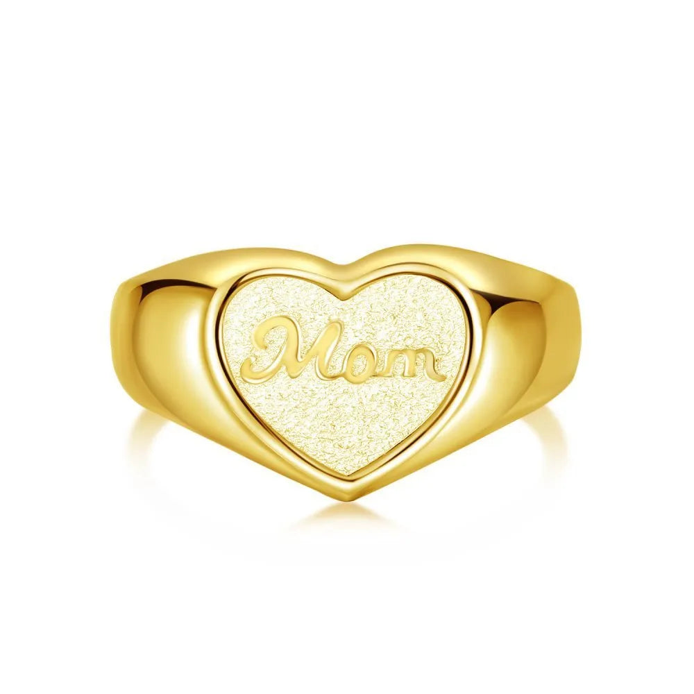 S925 sterling silver heart-shaped MOM open ring for women, adjustable size, retro style
