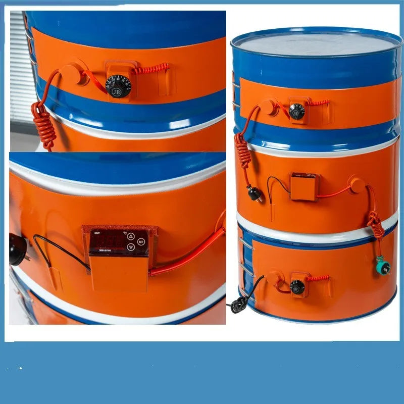 Silicone rubber heating belt wrapped around 200 litre oil drum with digital display control