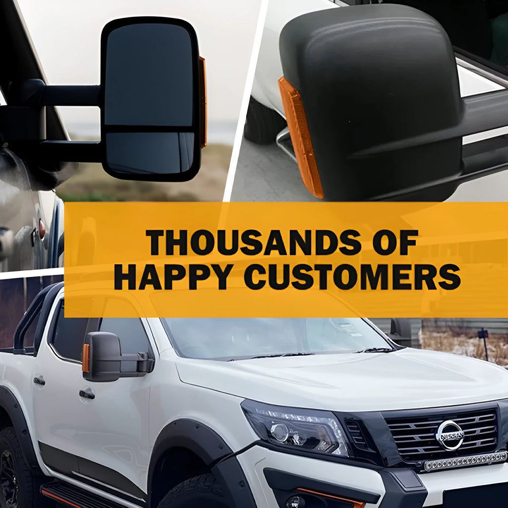 Black electric exterior wing mirror for Nissan NP300 Navara with large glass and integrated light.