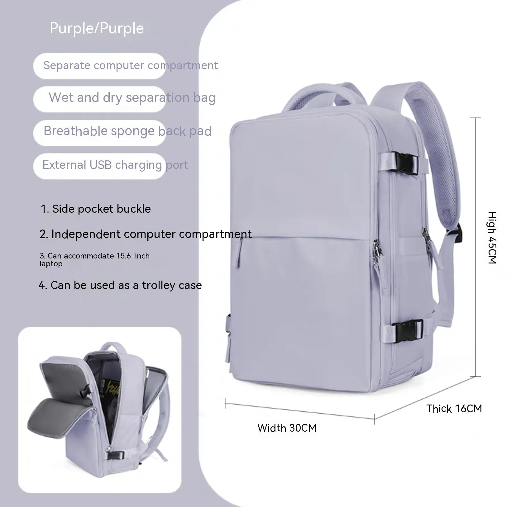 Large black nylon mummy-style travel backpack with a waterproof lining.