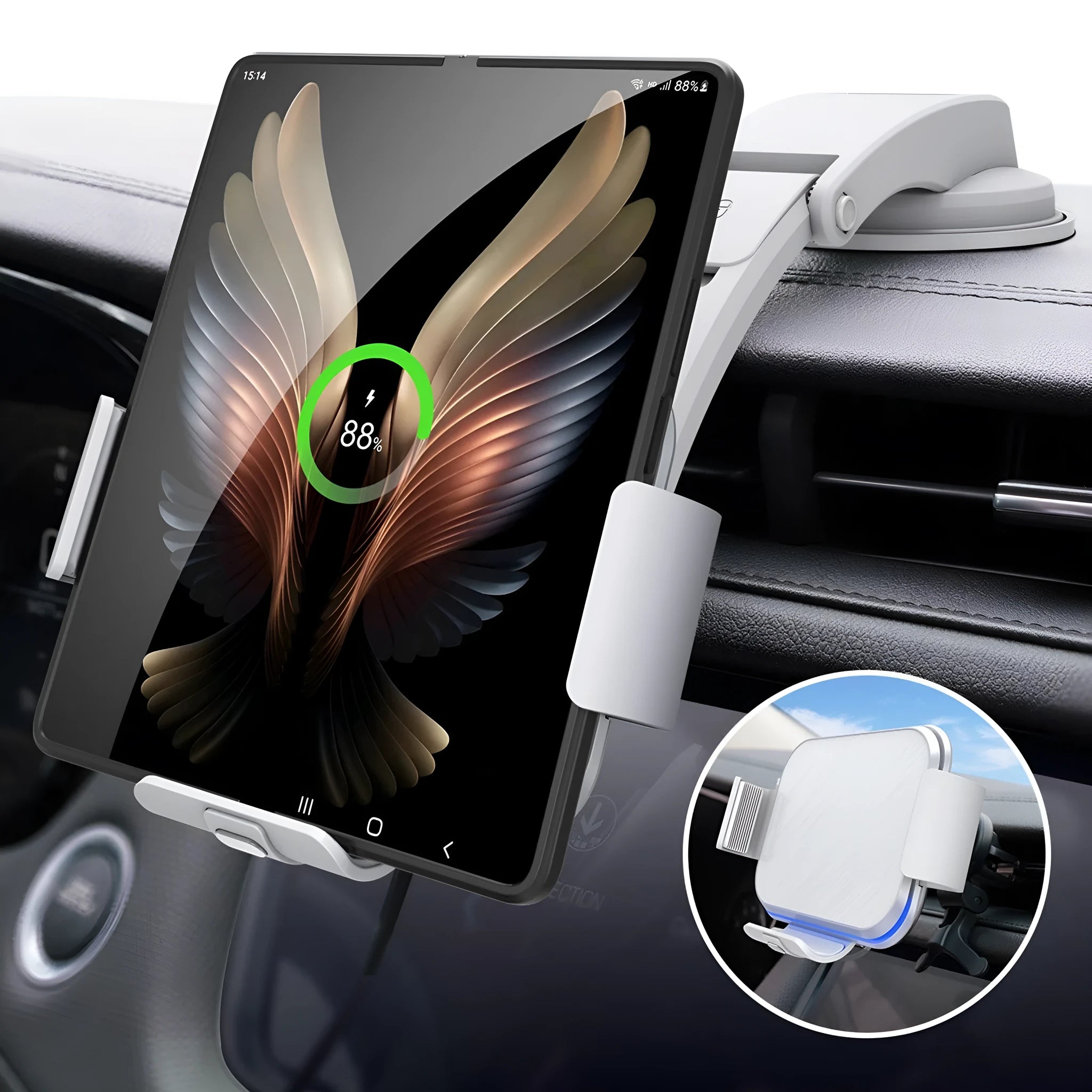 Grey and white car mobile phone holder with folding screen and wireless charging bracket on dashboard