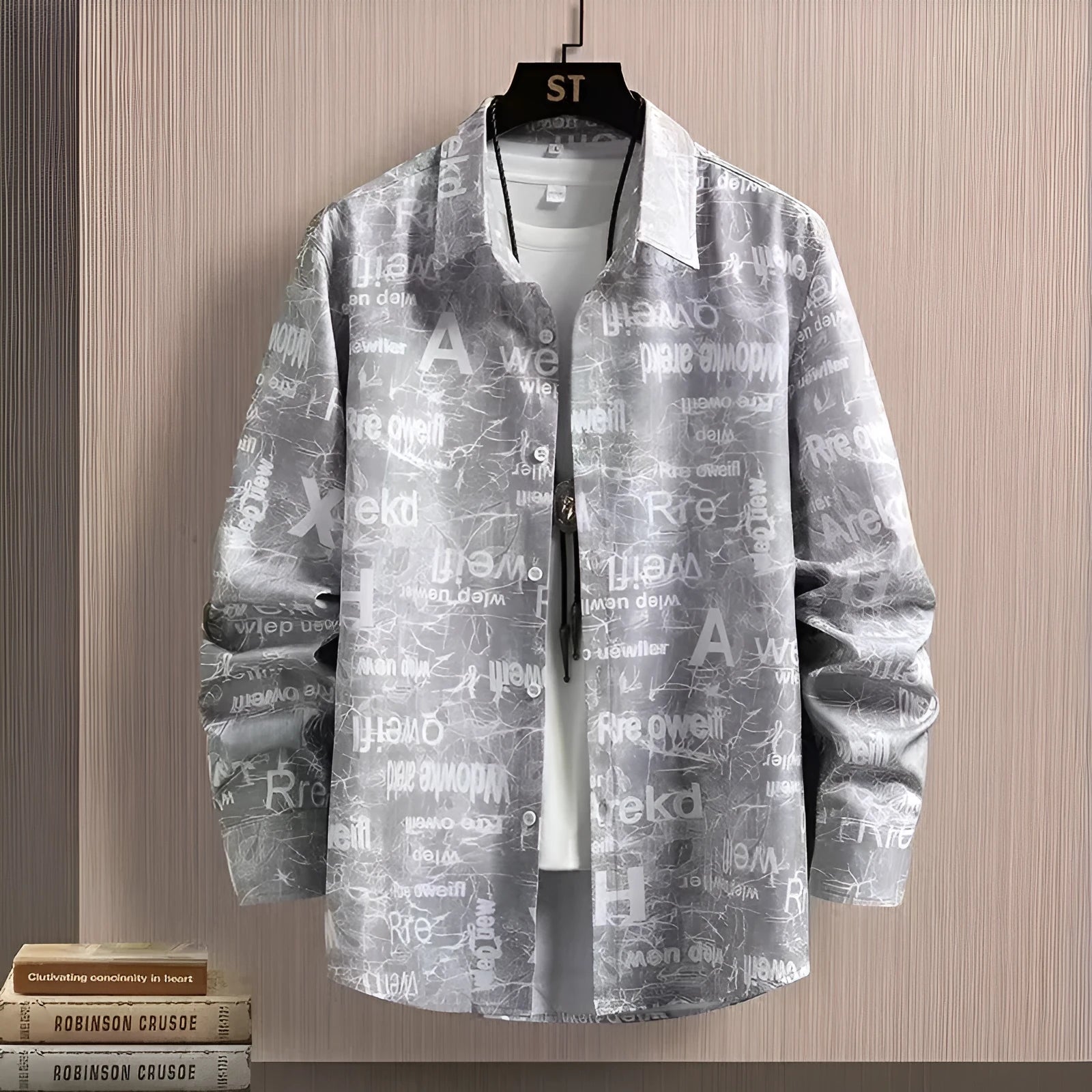 Men's long sleeve letter print shirt in casual street style, lightweight thin fabric, available in multiple sizes
