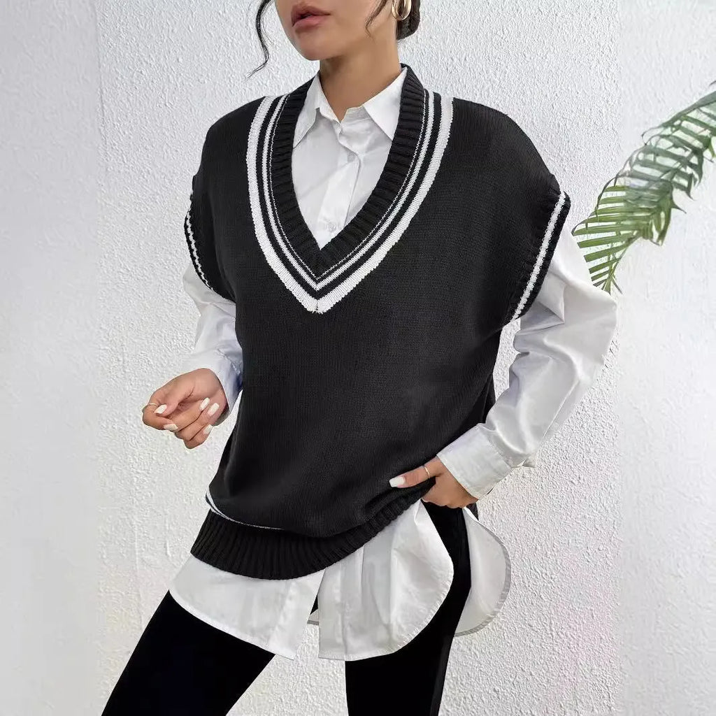 Women's college style casual vest sweater in loose fit with acrylic polyester blend fabric