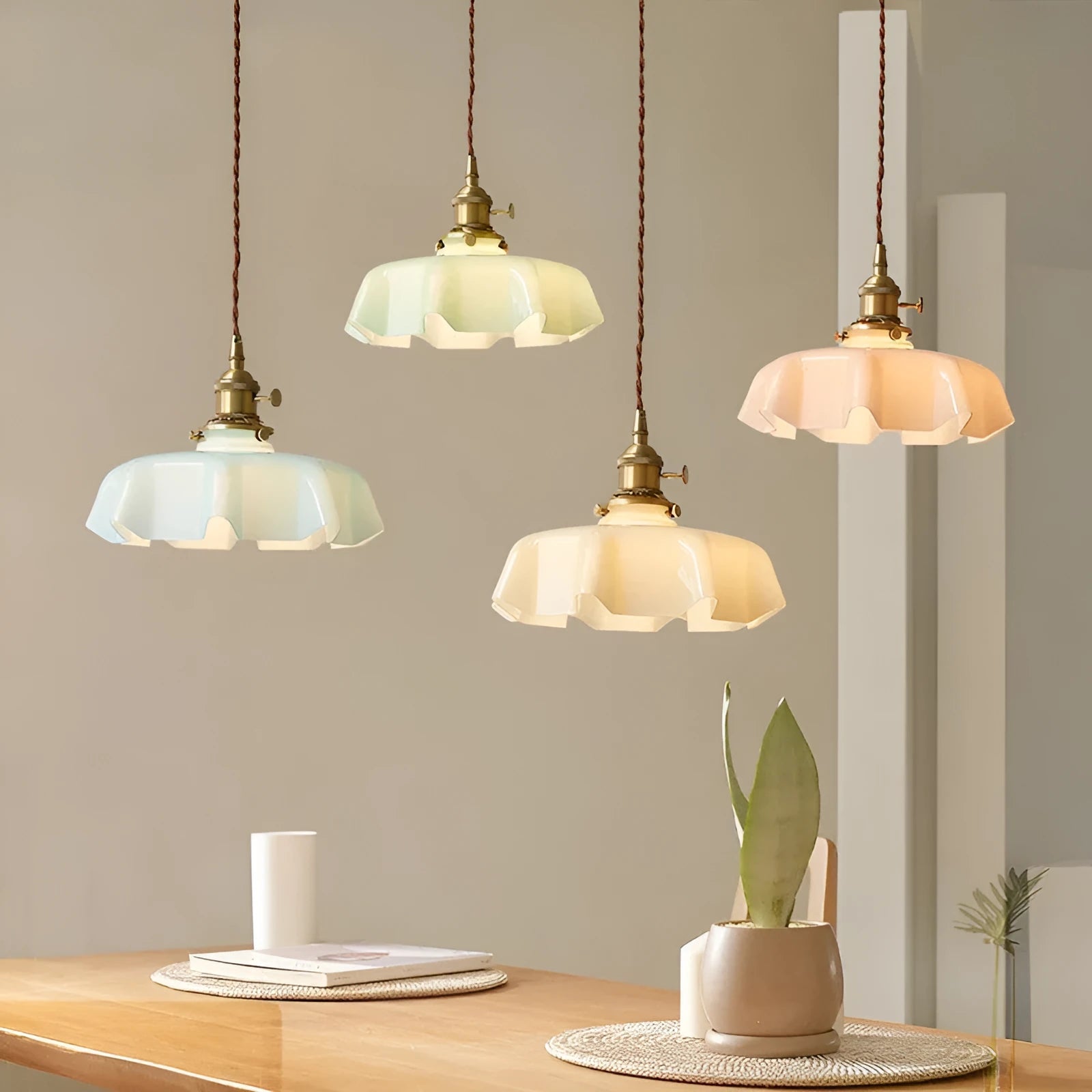 French Cream Nordic brass petal glass small droplight for bedroom home lighting