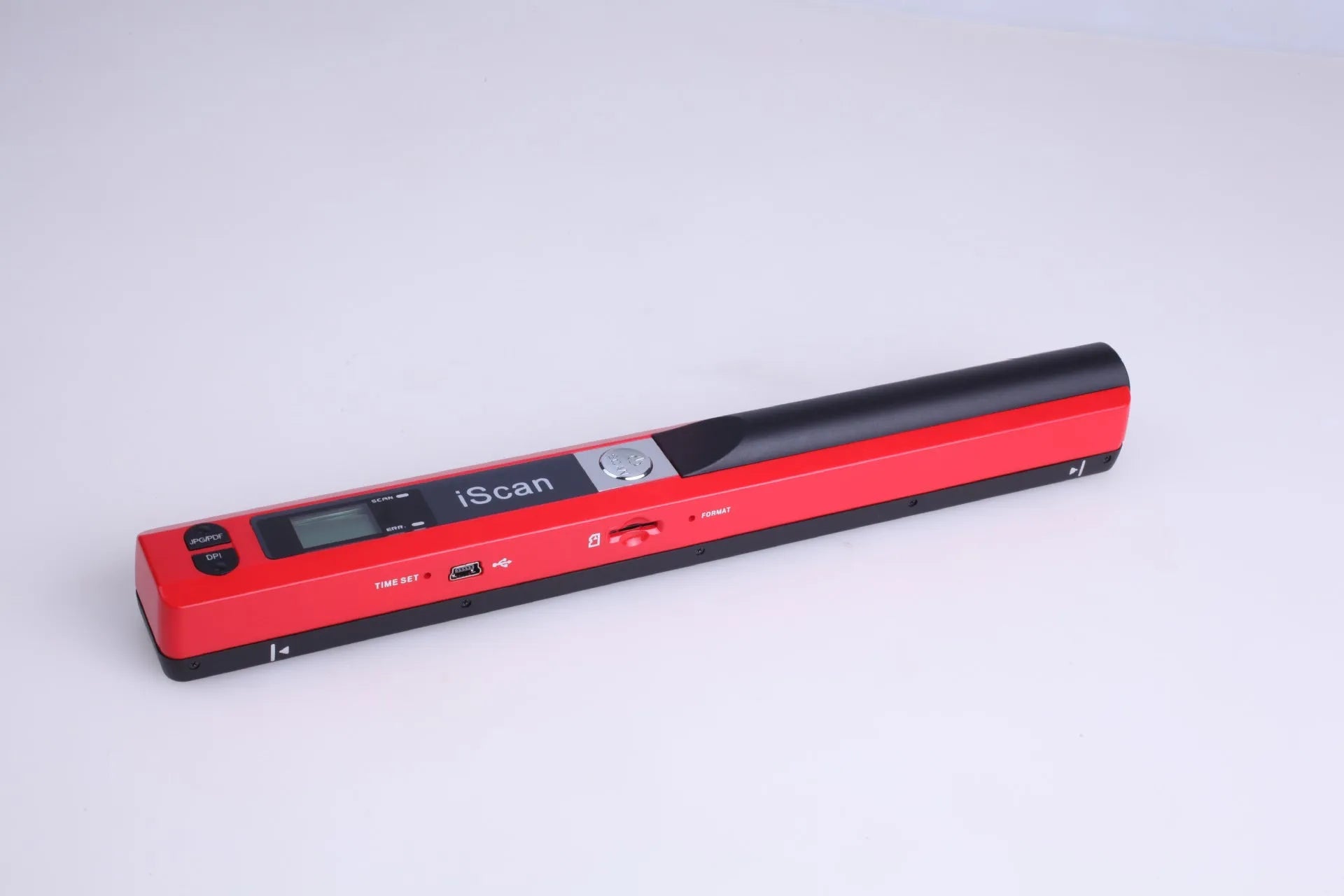 Handheld USB scanner in black, blue, green, red, and silver colour options on a desk.