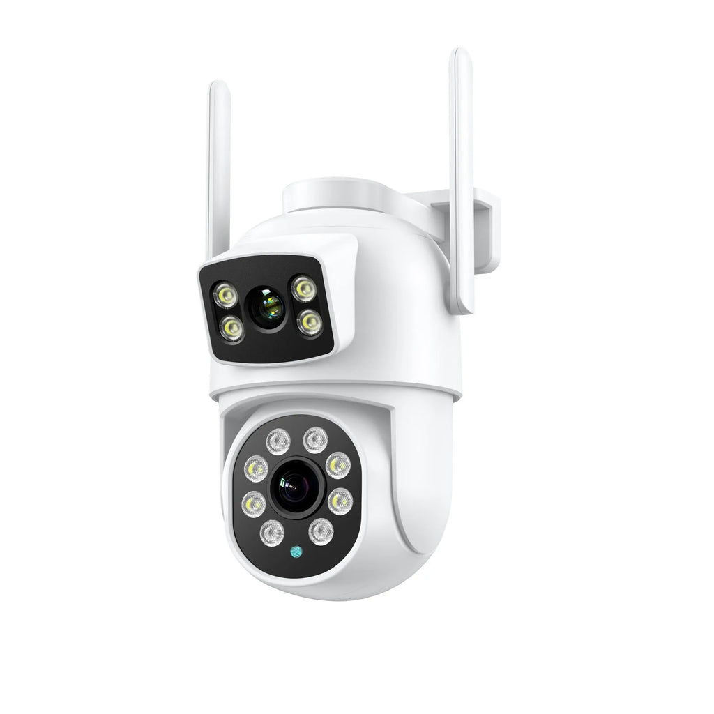 White outdoor night vision wireless surveillance camera with dual-screen humanoid tracking and bracket