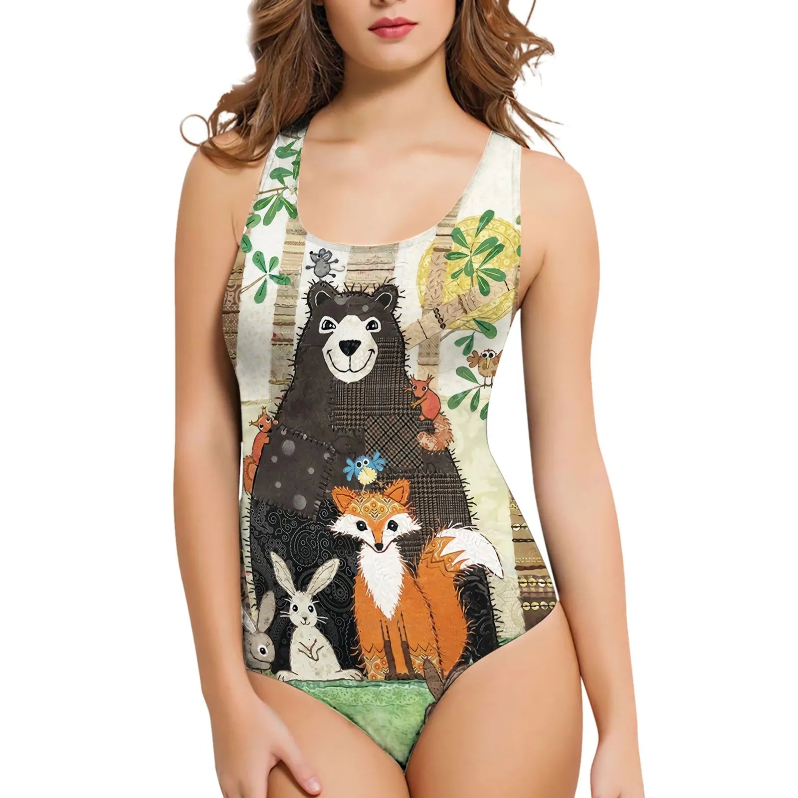 Women's sleeveless one-piece swimsuit with 3D printed pattern in polyester fabric