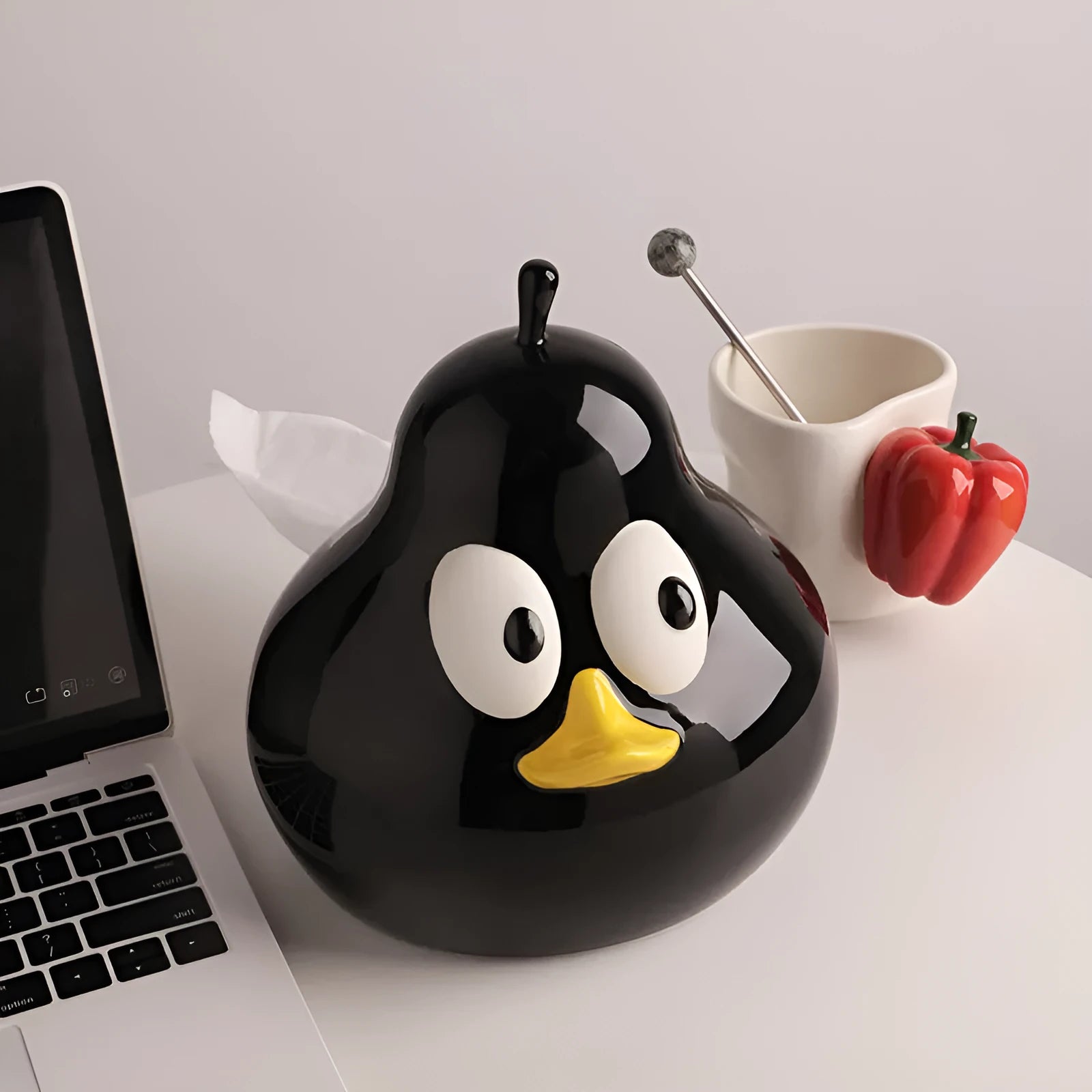 Cute pear-shaped ceramic tissue box in white porcelain with green or black colour options