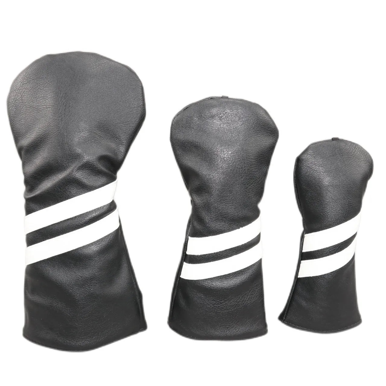 PU golf club head cover sleeve with two diagonal stripes for wood clubs, shown in multiple colours and sizes.