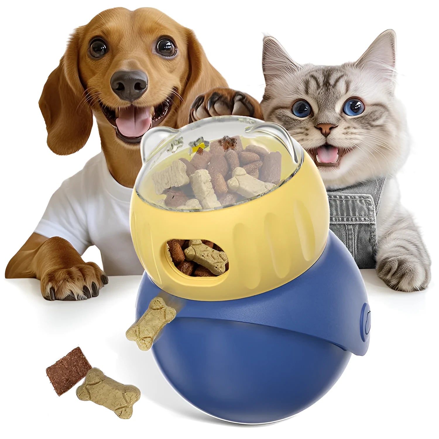 Morandi yellow and blue owl-shaped cat food puzzle feeder for self-service feeding