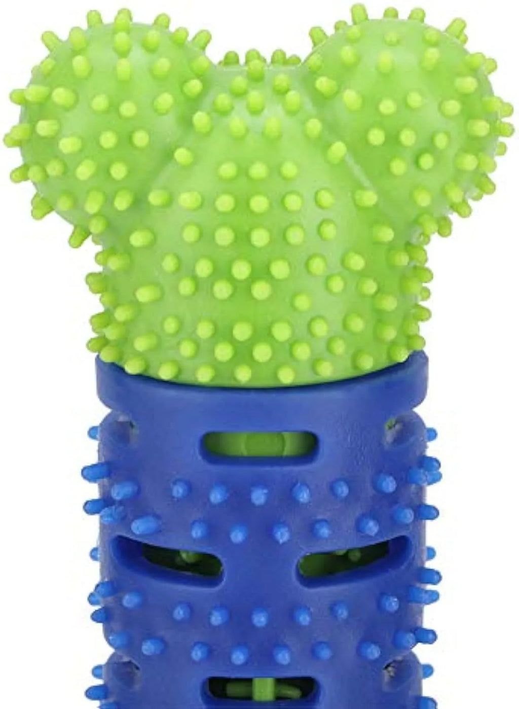Blue green dog dental cleaning toy with silicone bristles and massage nodules for tooth cleaning and chewing