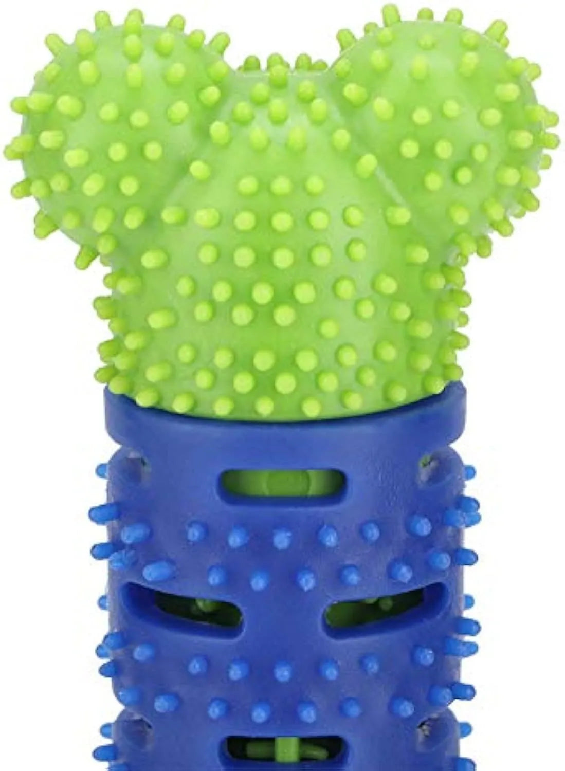 Blue green dog dental cleaning toy with silicone bristles and massage nodules for tooth cleaning and chewing