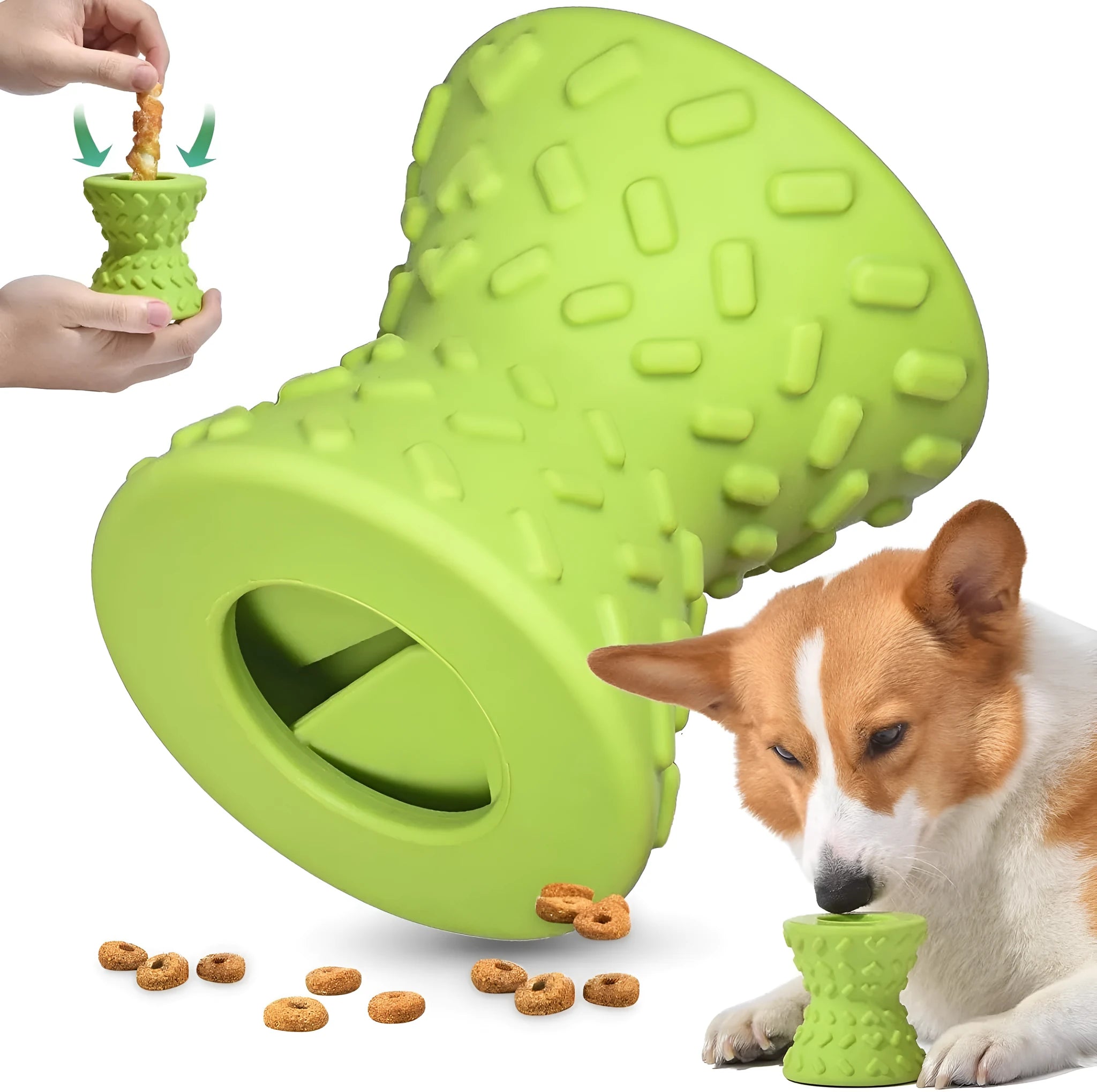 Blue natural rubber hollow dog bone treat dispensing toy with leakage holes.