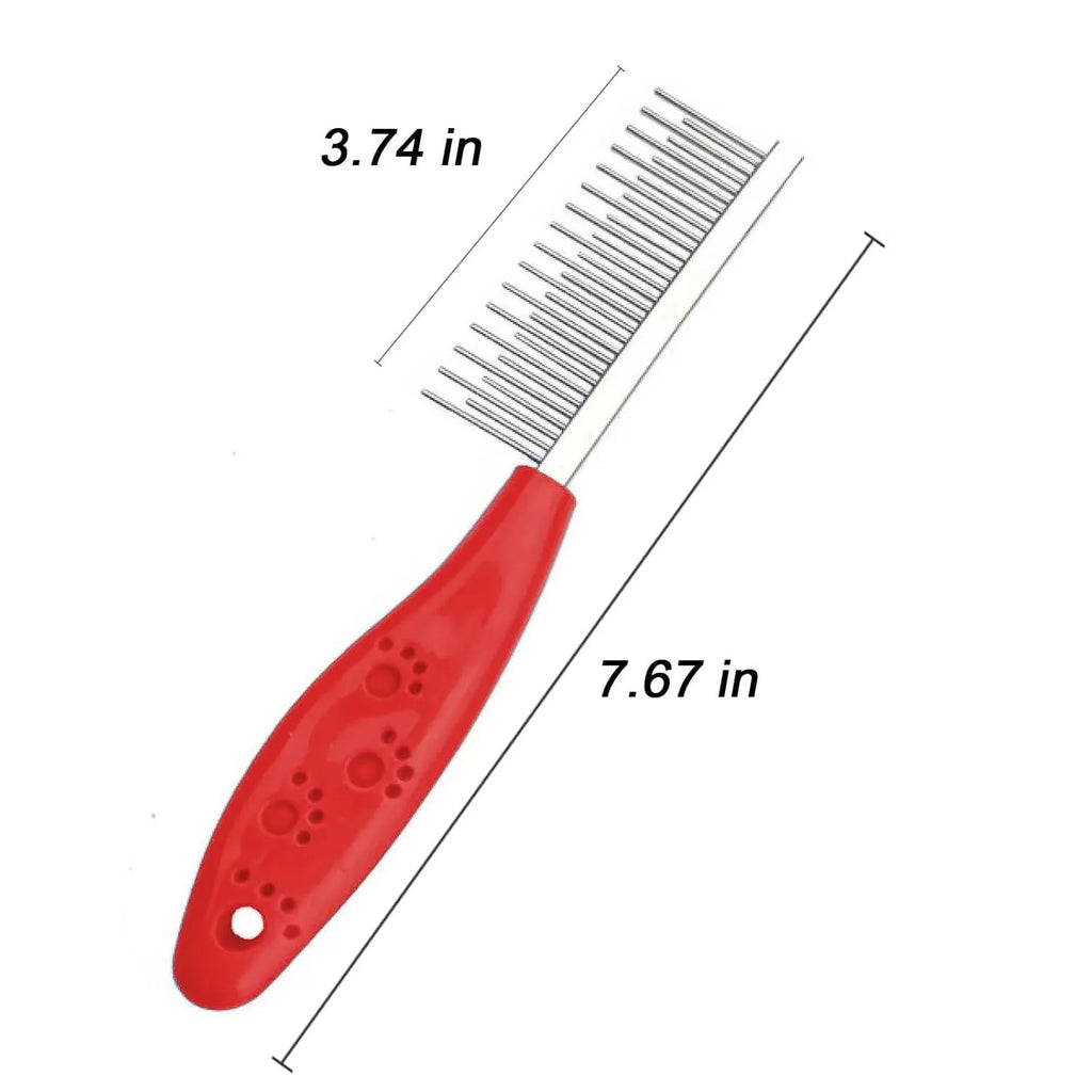 Red plastic handle pet grooming comb with stainless steel short and long teeth for dematting dogs and cats
