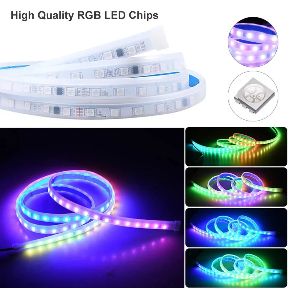 Close-up of a flexible white PVC LED light strip for car engine bay or underbody installation.