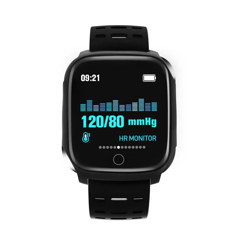 F16 Smart Watch with ECG monitor on a black green silicone wristband, showing touch screen display.