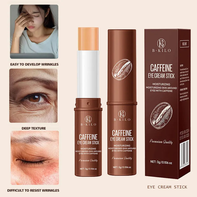 Caffeine eye cream stick in silver and white packaging, 3g net content.