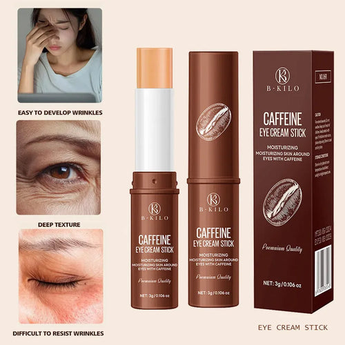 Caffeine eye cream stick in silver and white packaging, 3g net content.