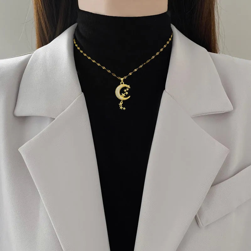 Geometric moon necklace with stainless steel chain and copper pendant centrepiece